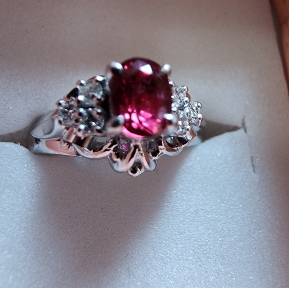 Platinum Natural Ruby Diamond Halo Ring - Picture 8 of 9